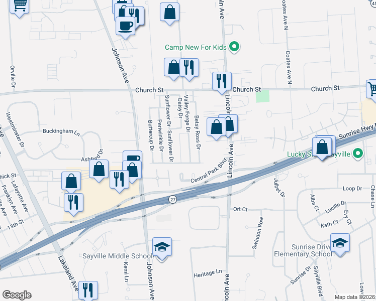 map of restaurants, bars, coffee shops, grocery stores, and more near 53 Valley Forge Drive in Bohemia