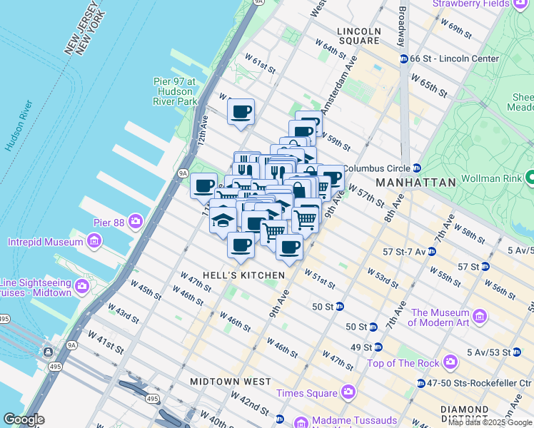 map of restaurants, bars, coffee shops, grocery stores, and more near 10th Ave & W 53rd St in New York