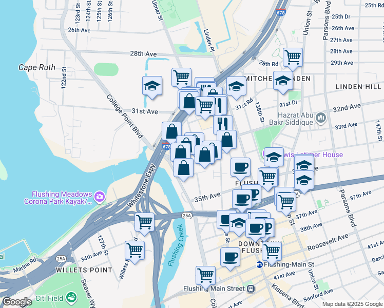 map of restaurants, bars, coffee shops, grocery stores, and more near 133-5 32nd Avenue in Queens