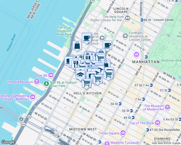 map of restaurants, bars, coffee shops, grocery stores, and more near 500 West 53rd Street in New York