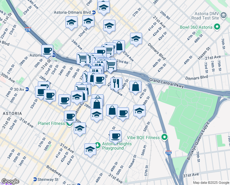 map of restaurants, bars, coffee shops, grocery stores, and more near 43-08 25th Avenue in Queens