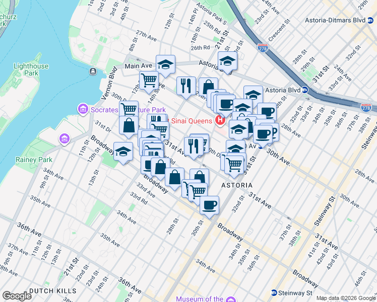 map of restaurants, bars, coffee shops, grocery stores, and more near 23-18 30th Drive in Queens