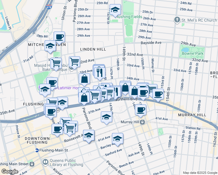 map of restaurants, bars, coffee shops, grocery stores, and more near 147-02 34th Avenue in Queens