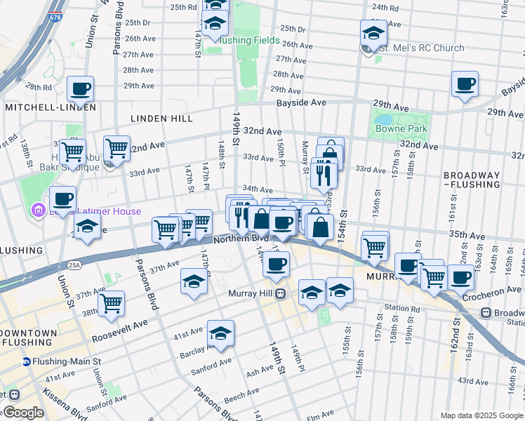 map of restaurants, bars, coffee shops, grocery stores, and more near 34-11 150th Street in Queens