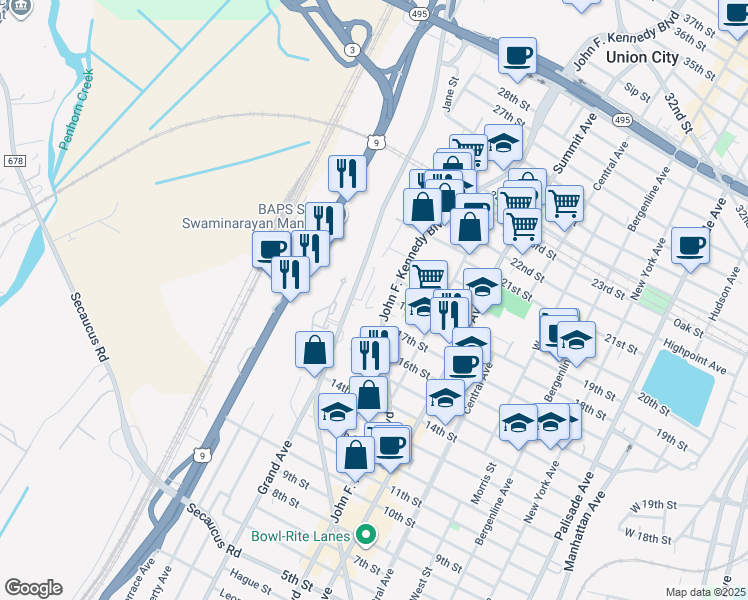 map of restaurants, bars, coffee shops, grocery stores, and more near 1687 John F. Kennedy Boulevard in North Bergen