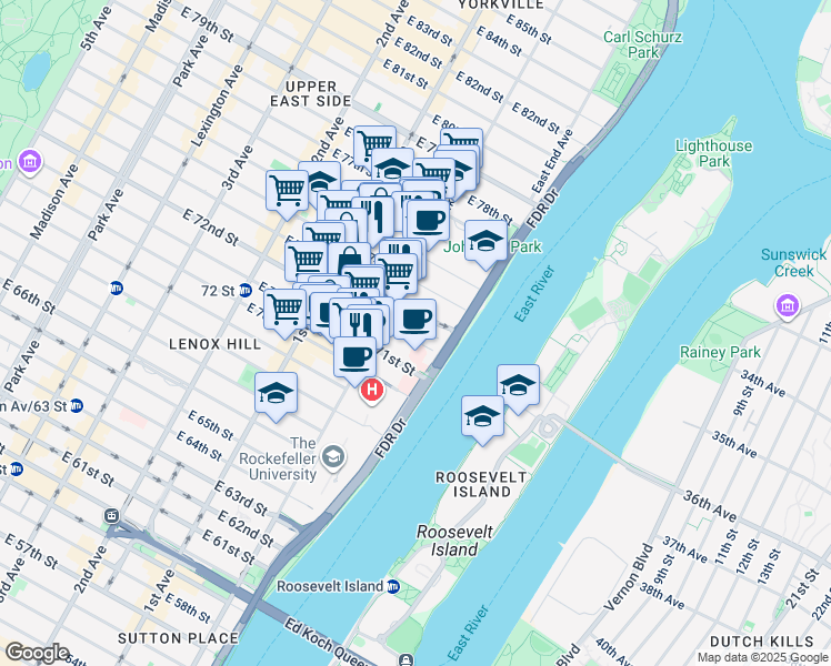 map of restaurants, bars, coffee shops, grocery stores, and more near 523 East 72nd Street in New York