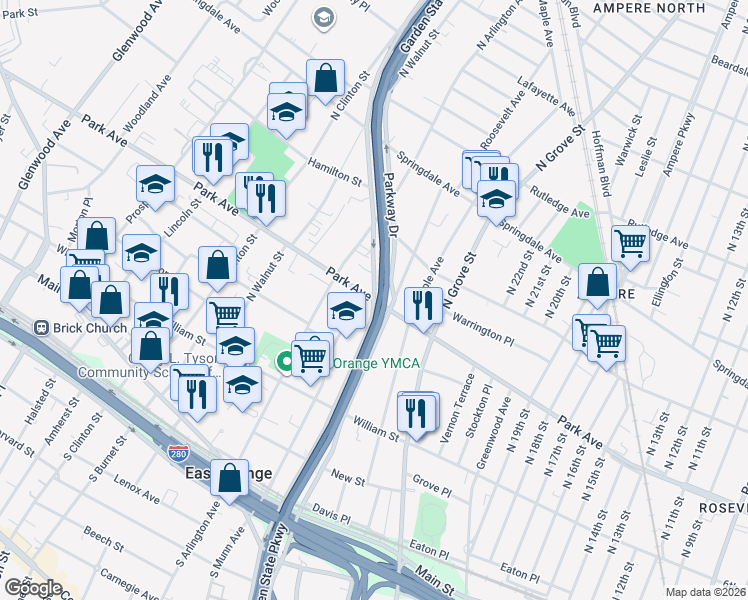 map of restaurants, bars, coffee shops, grocery stores, and more near in East Orange