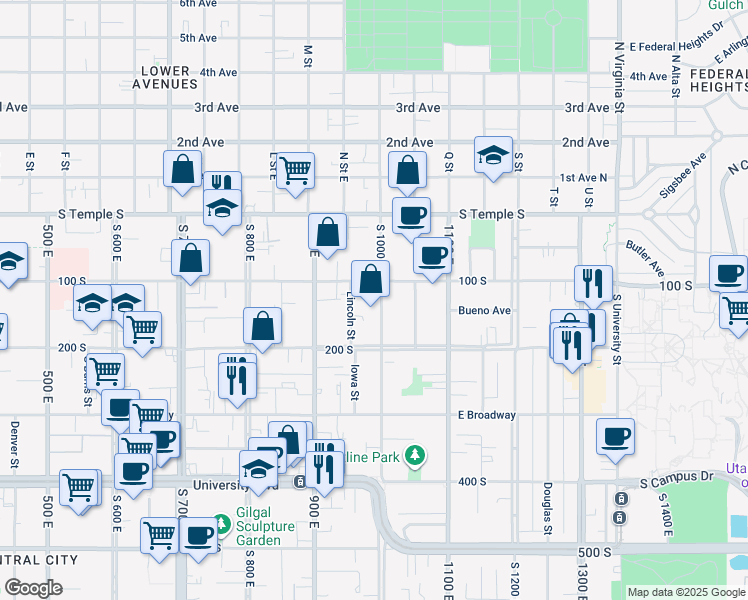 map of restaurants, bars, coffee shops, grocery stores, and more near 120 South 1000 East in Salt Lake City