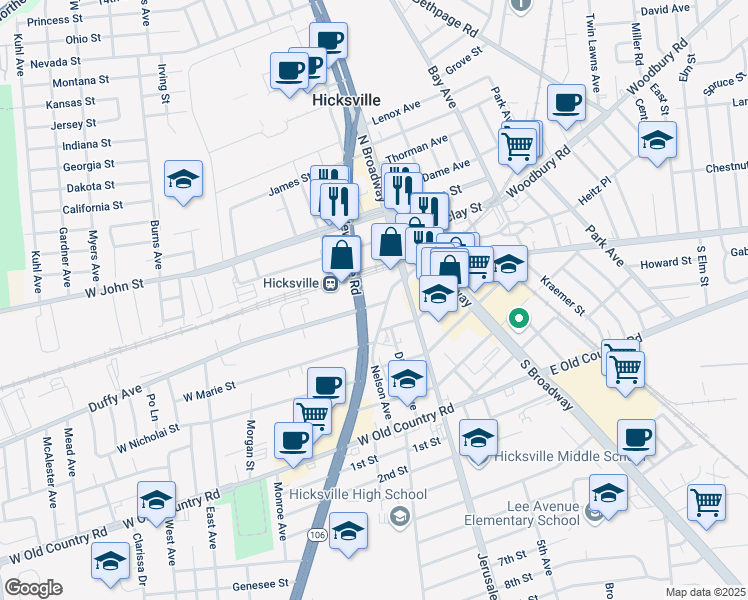 map of restaurants, bars, coffee shops, grocery stores, and more near 99 Newbridge Road in Hicksville