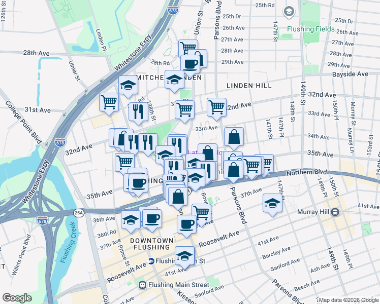 map of restaurants, bars, coffee shops, grocery stores, and more near 33-33 Union Street in Queens