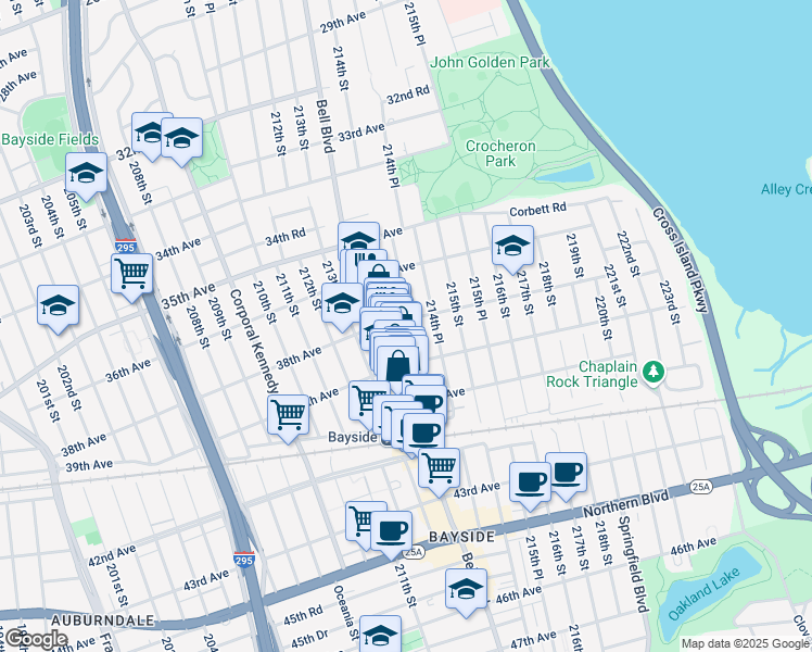 map of restaurants, bars, coffee shops, grocery stores, and more near 213-49 38th Avenue in Queens