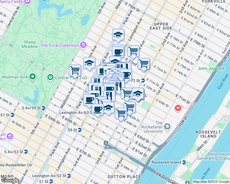 map of restaurants, bars, coffee shops, grocery stores, and more near 199 East 67th Street in New York
