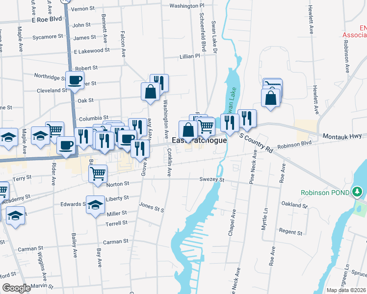 map of restaurants, bars, coffee shops, grocery stores, and more near 475 Montauk Highway in East Patchogue