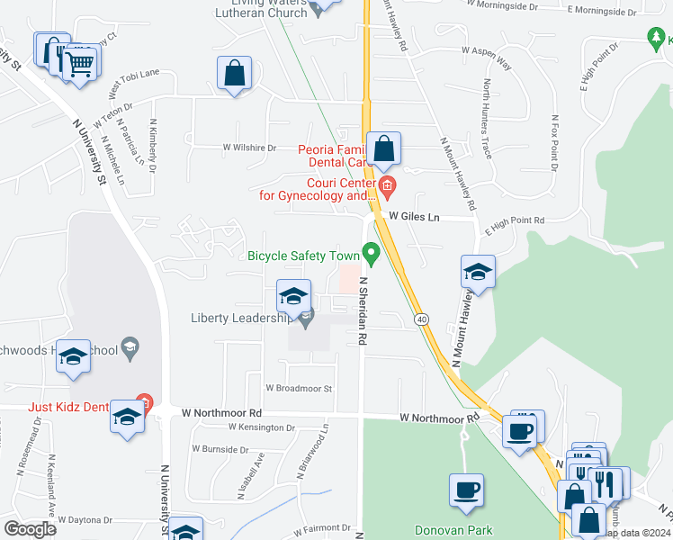 map of restaurants, bars, coffee shops, grocery stores, and more near 6513 North Lexington Drive in Peoria