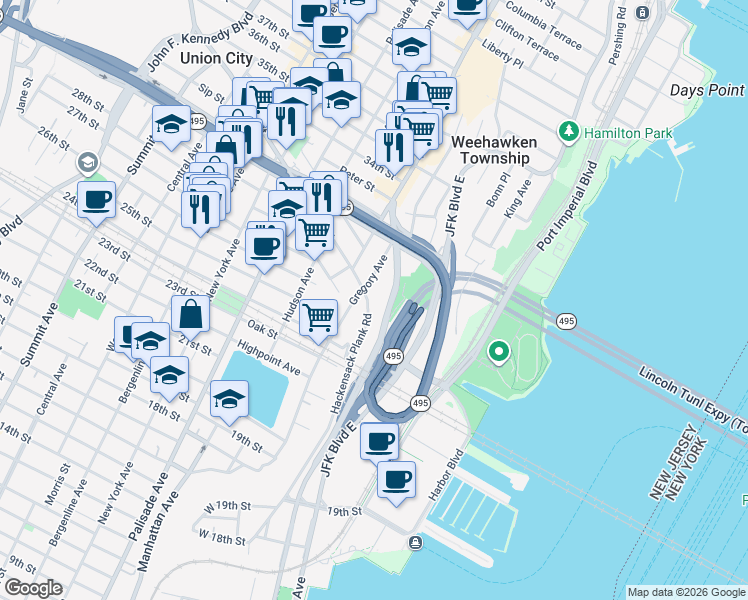 map of restaurants, bars, coffee shops, grocery stores, and more near in Weehawken