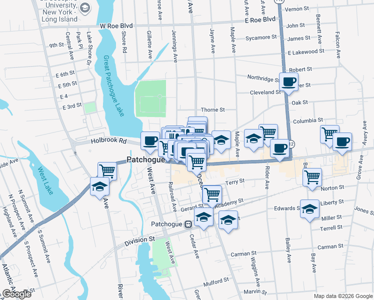 map of restaurants, bars, coffee shops, grocery stores, and more near 1 Village Green Way in Patchogue