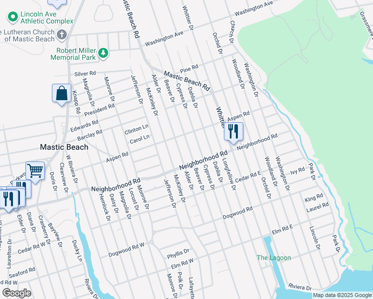 map of restaurants, bars, coffee shops, grocery stores, and more near 196 Beaver Drive in Mastic Beach