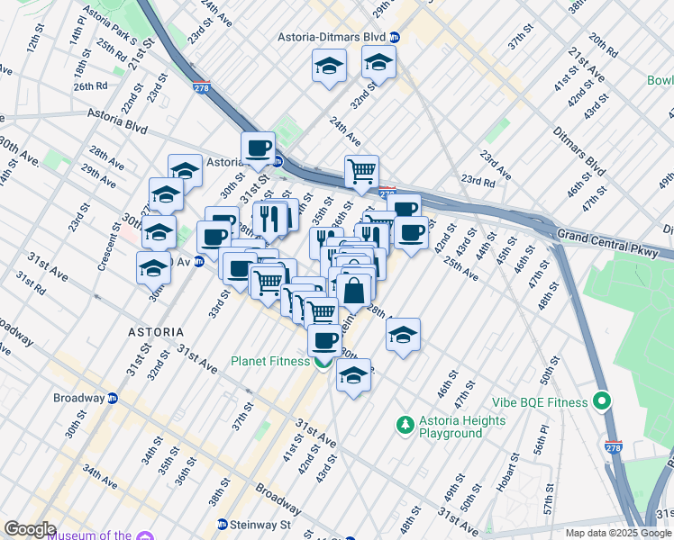 map of restaurants, bars, coffee shops, grocery stores, and more near 25-81 36th Street in Queens