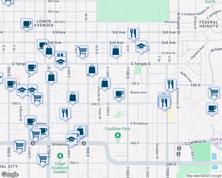 map of restaurants, bars, coffee shops, grocery stores, and more near 175 South 1000 East in Salt Lake City