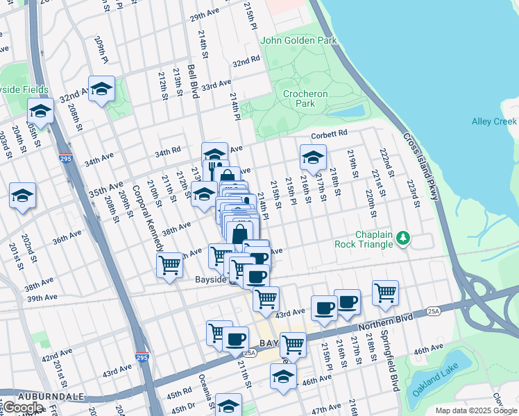map of restaurants, bars, coffee shops, grocery stores, and more near 214-27 38th Avenue in Queens