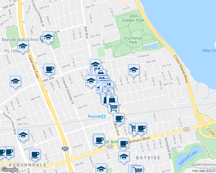 map of restaurants, bars, coffee shops, grocery stores, and more near 213-49 38th Avenue in Queens