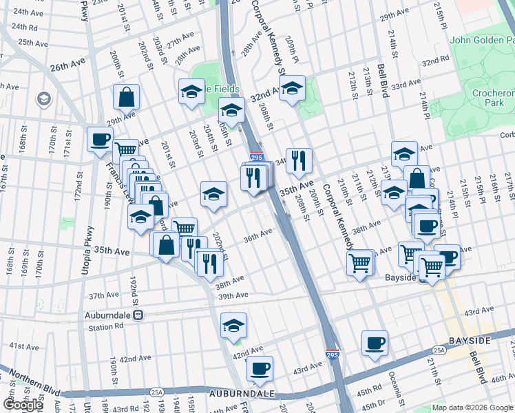 map of restaurants, bars, coffee shops, grocery stores, and more near 20521 35th Avenue in Queens