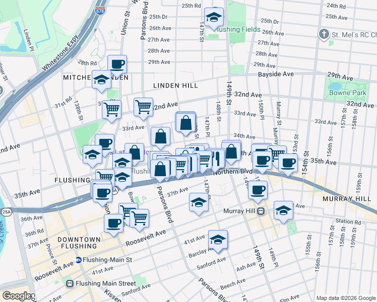 map of restaurants, bars, coffee shops, grocery stores, and more near 34-5 146th Street in Queens