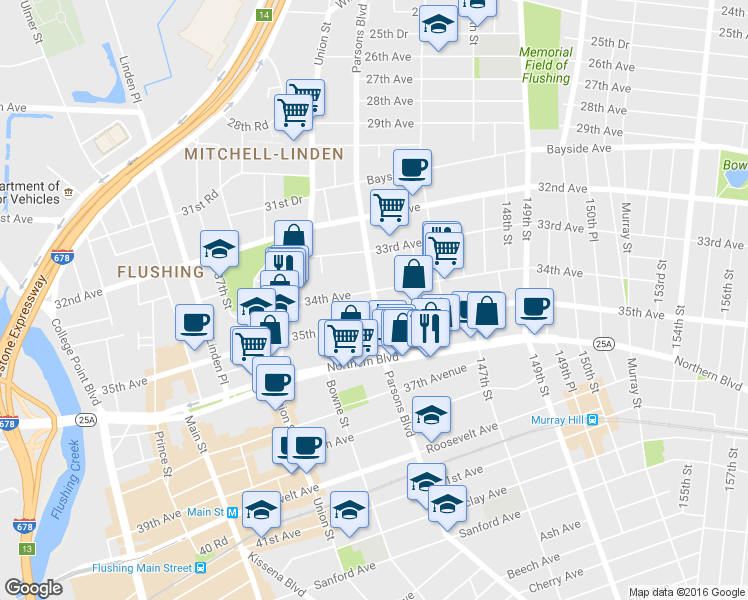 map of restaurants, bars, coffee shops, grocery stores, and more near Parsons Boulevard in Queens