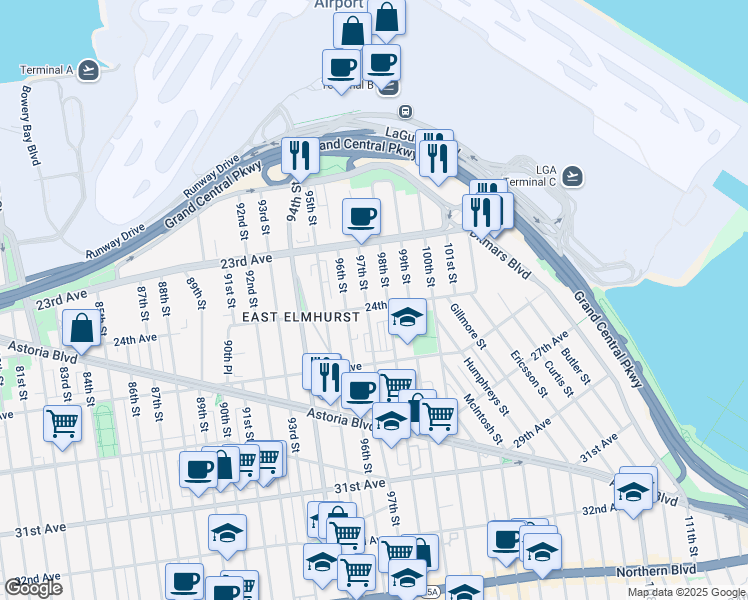 map of restaurants, bars, coffee shops, grocery stores, and more near 23-53 98th Street in Queens