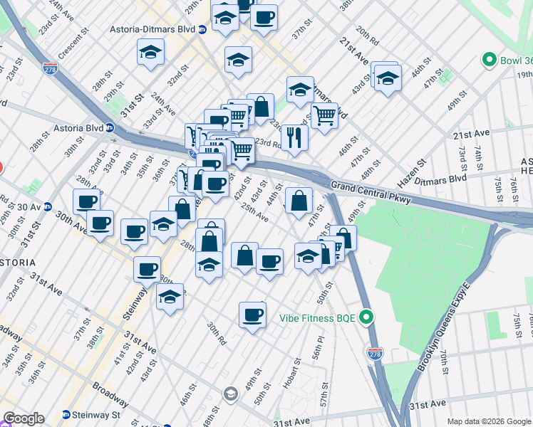 map of restaurants, bars, coffee shops, grocery stores, and more near 2441 44th Street in Queens