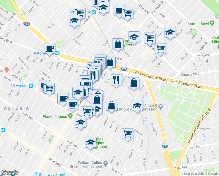 map of restaurants, bars, coffee shops, grocery stores, and more near 42-15 25th Avenue in Queens