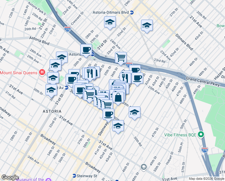 map of restaurants, bars, coffee shops, grocery stores, and more near 25-81 36th Street in Queens