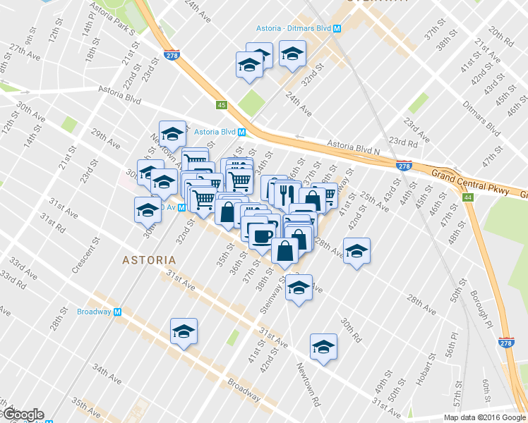 map of restaurants, bars, coffee shops, grocery stores, and more near 28-8 35th Street in Queens