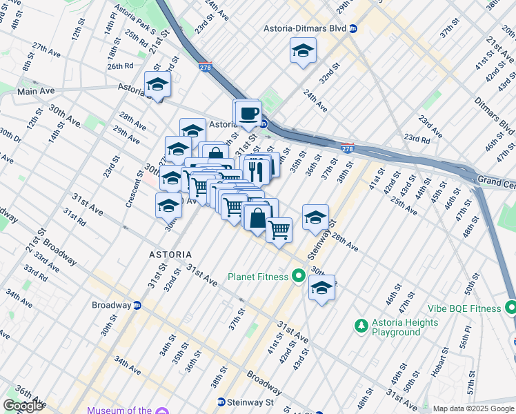 map of restaurants, bars, coffee shops, grocery stores, and more near 28-19 33rd Street in Queens