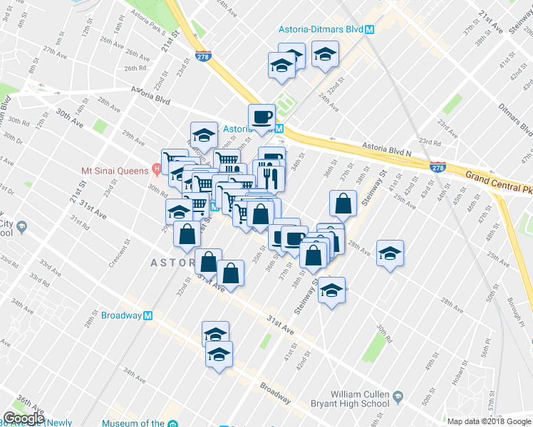 map of restaurants, bars, coffee shops, grocery stores, and more near 28-16 34th Street in Queens