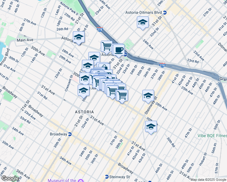 map of restaurants, bars, coffee shops, grocery stores, and more near 31-23 Newtown Avenue in Queens