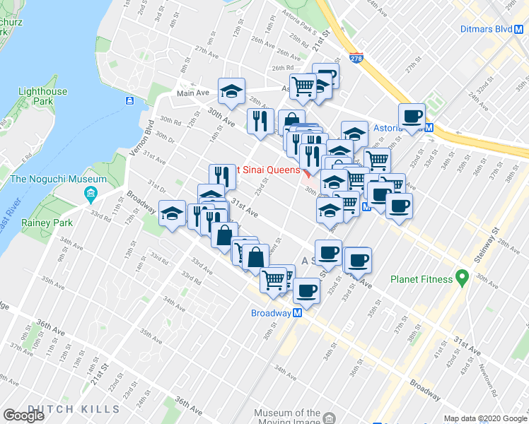 map of restaurants, bars, coffee shops, grocery stores, and more near 23-18 30th Drive in Queens