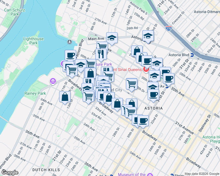 map of restaurants, bars, coffee shops, grocery stores, and more near 51 21st Street in Queens