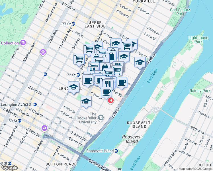 map of restaurants, bars, coffee shops, grocery stores, and more near 1334 York Avenue in New York
