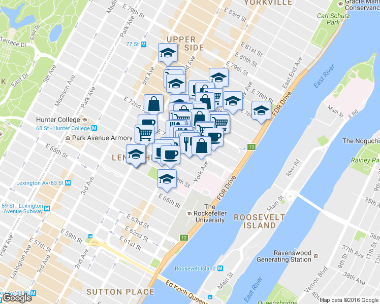 map of restaurants, bars, coffee shops, grocery stores, and more near in New York