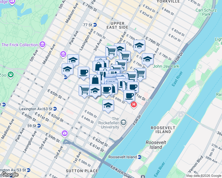 map of restaurants, bars, coffee shops, grocery stores, and more near 333 East 70th Street in New York