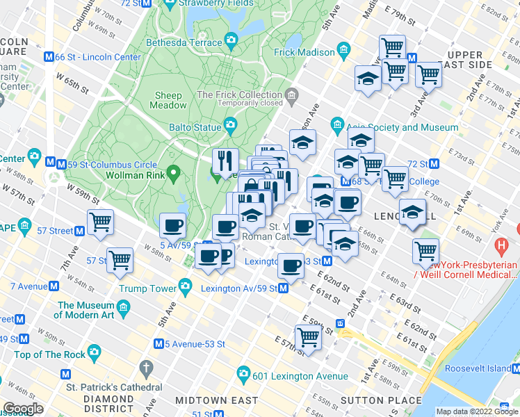 map of restaurants, bars, coffee shops, grocery stores, and more near 144 East 65th Street in New York