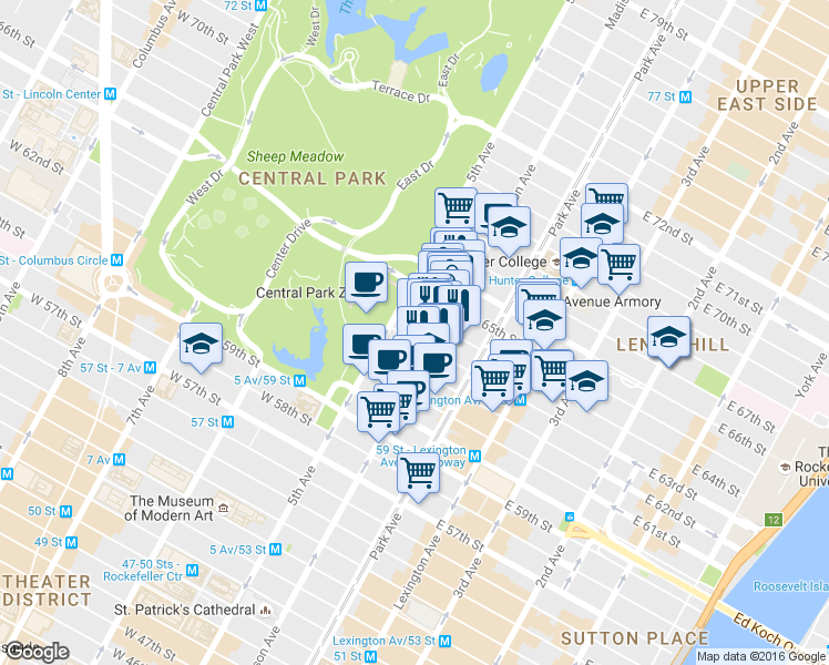 map of restaurants, bars, coffee shops, grocery stores, and more near 144 East 65th Street in New York