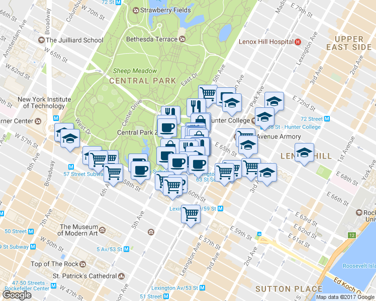 map of restaurants, bars, coffee shops, grocery stores, and more near 820 5th Avenue in New York