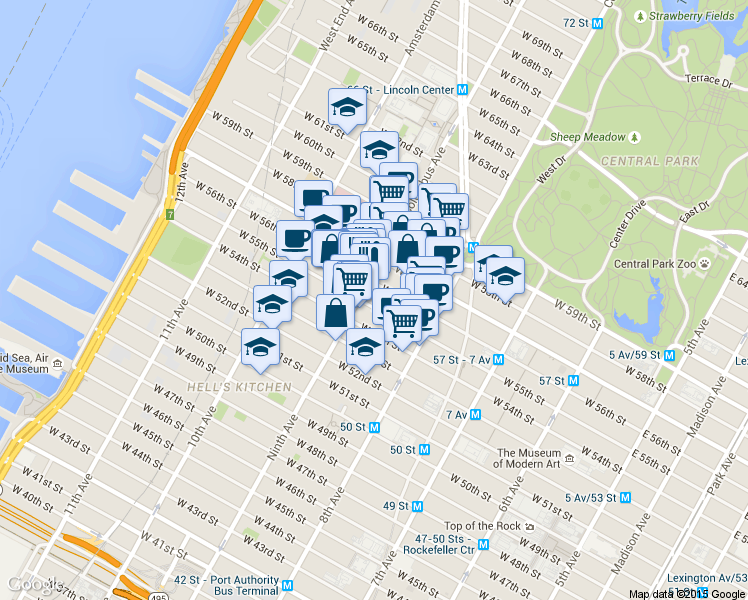 map of restaurants, bars, coffee shops, grocery stores, and more near 862 9th Avenue in New York