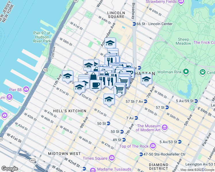 map of restaurants, bars, coffee shops, grocery stores, and more near in New York