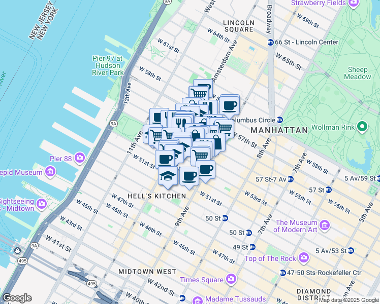 map of restaurants, bars, coffee shops, grocery stores, and more near 443 West 54th Street in New York