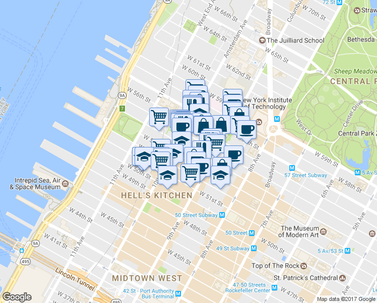 map of restaurants, bars, coffee shops, grocery stores, and more near 443 West 54th Street in New York