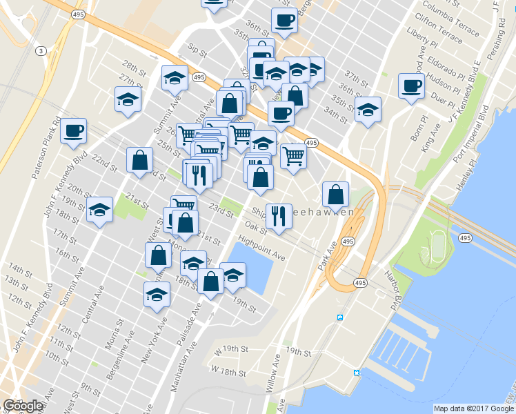 map of restaurants, bars, coffee shops, grocery stores, and more near 2410 Palisade Avenue in Weehawken