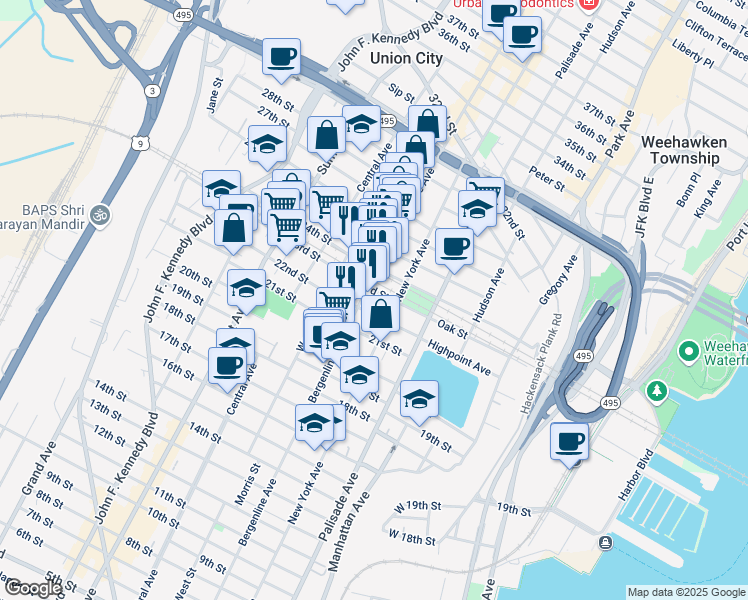 map of restaurants, bars, coffee shops, grocery stores, and more near in Union City
